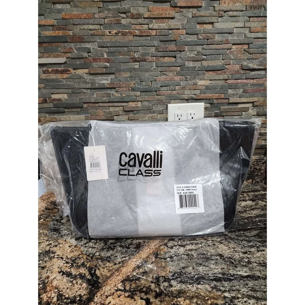 Cavalli Class Tote Bag Black Quilted Logo Satchel Purse Top Handle New